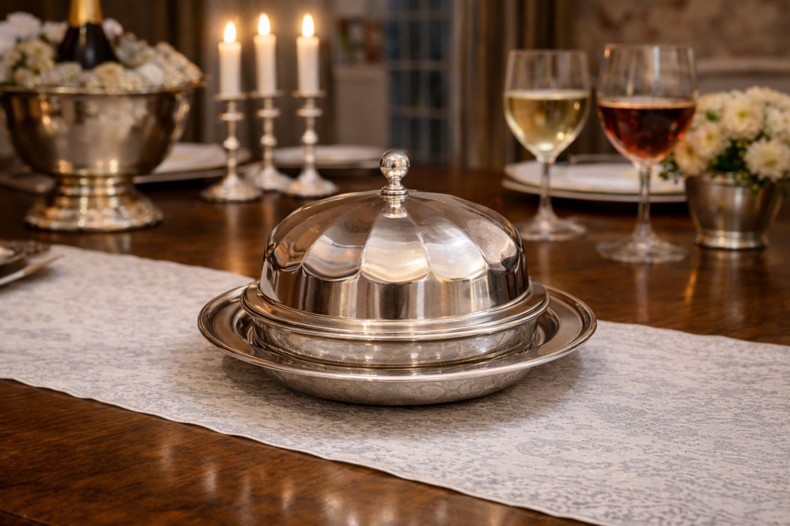 photo for sale Beurrier d'époque en argent avec insert en verre, service de table de luxe, plat à caviar
