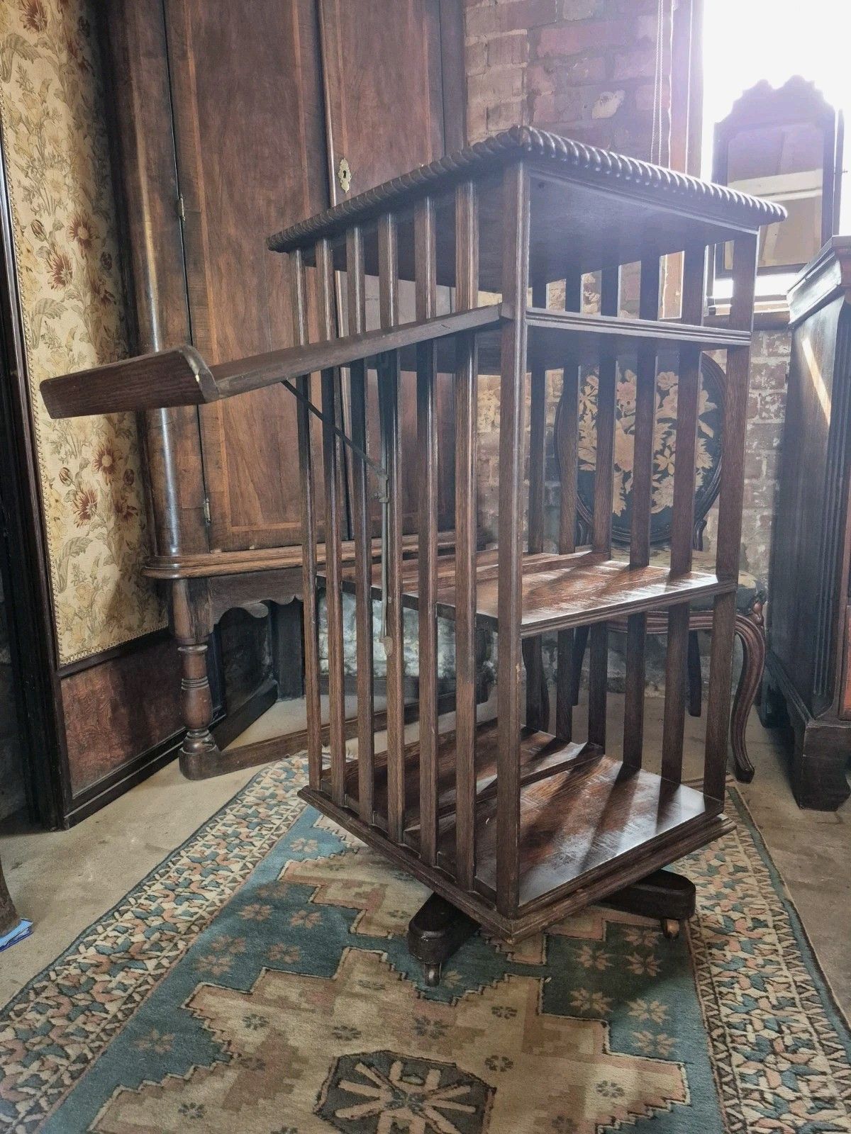 Epic Revolving Vintage Edwardian Oak Library Bookcase With Folding Reading Stand