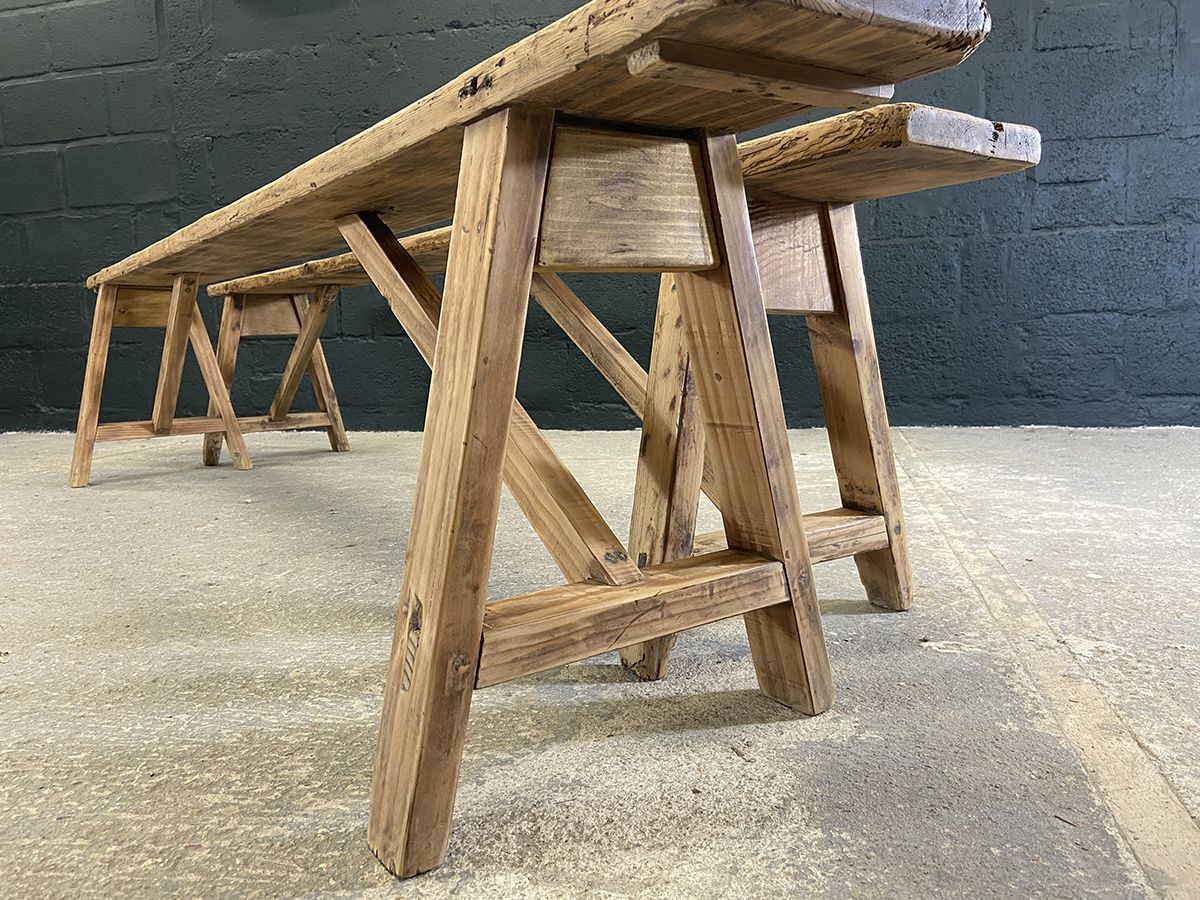 Pair Of Rustic French Pine Farmhouse Benches photo vintage