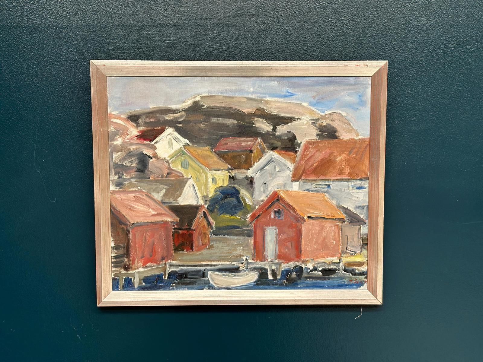 Original Mid Century Swedish Oil On Canvas – “Coastal Village” By Tryggve örn  Vintage & Framed – 59.5 × 50.5 Cm (23.4" × 19.9") photo vinterior