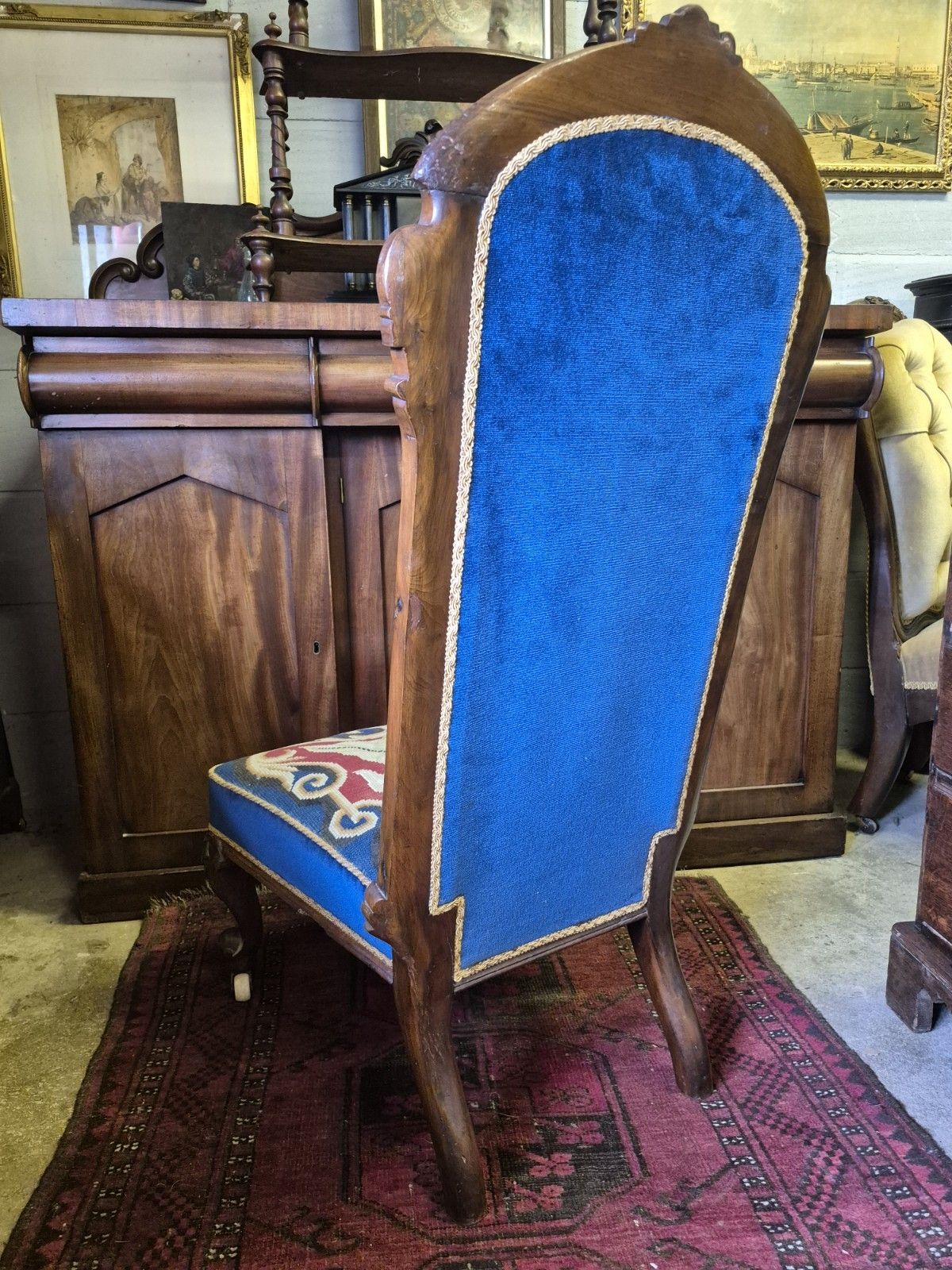 Fab Victorian Gothic Walnut Tapestry & Velvet Upholstered Prie Dieu Prayer Chair photo 225.0