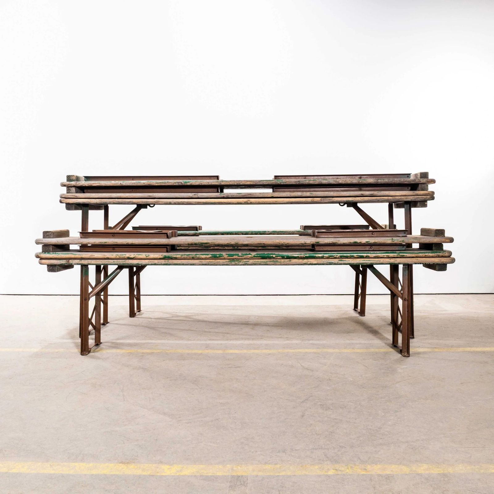 1950’s Green Ex Army Large French Folding Bench & Table Set photo furniture