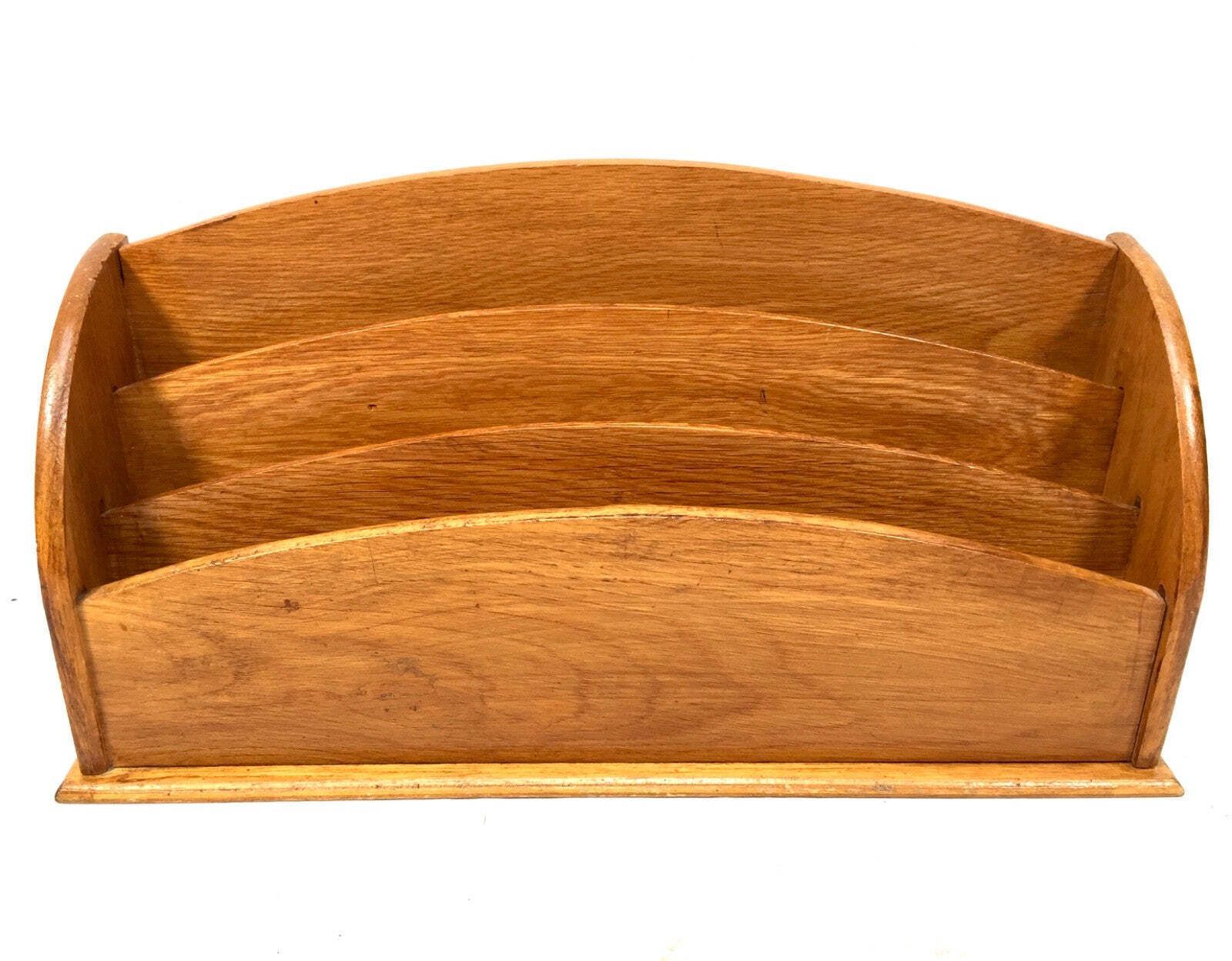 Antique Wooden Oak Desktop Letter Rack Stationery Holder Mid 20th Century 1950s photo for sale