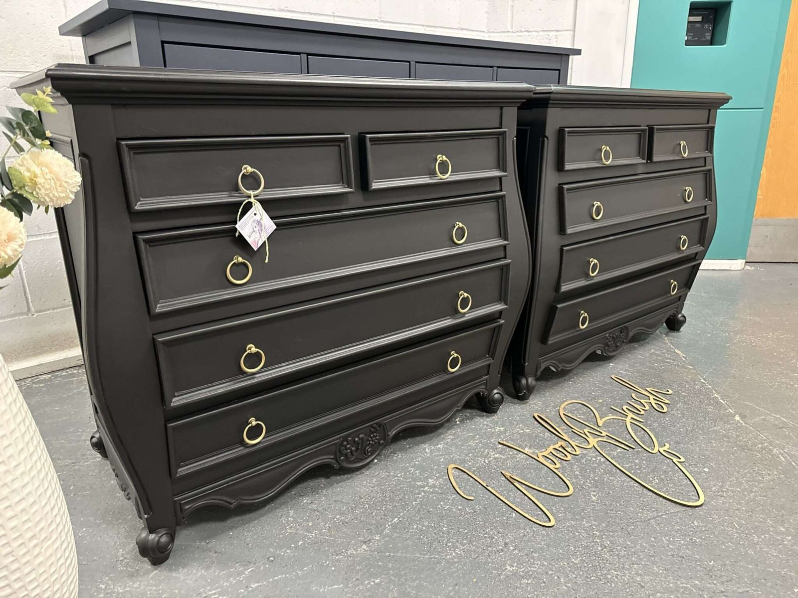 Pair Of French Bombe Black Chest Of Drawers Bedside Tables Painted Bespoke