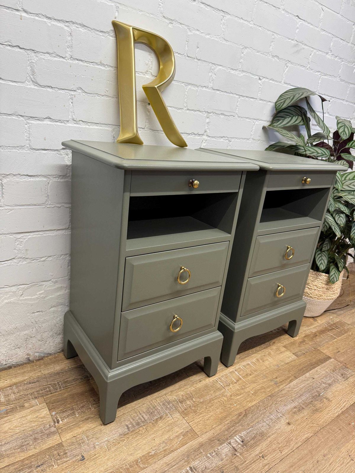 Stag Minstrel Bedside Tables Pair Painted Hornblende Green | Tall Narrow Nightstands photo furniture