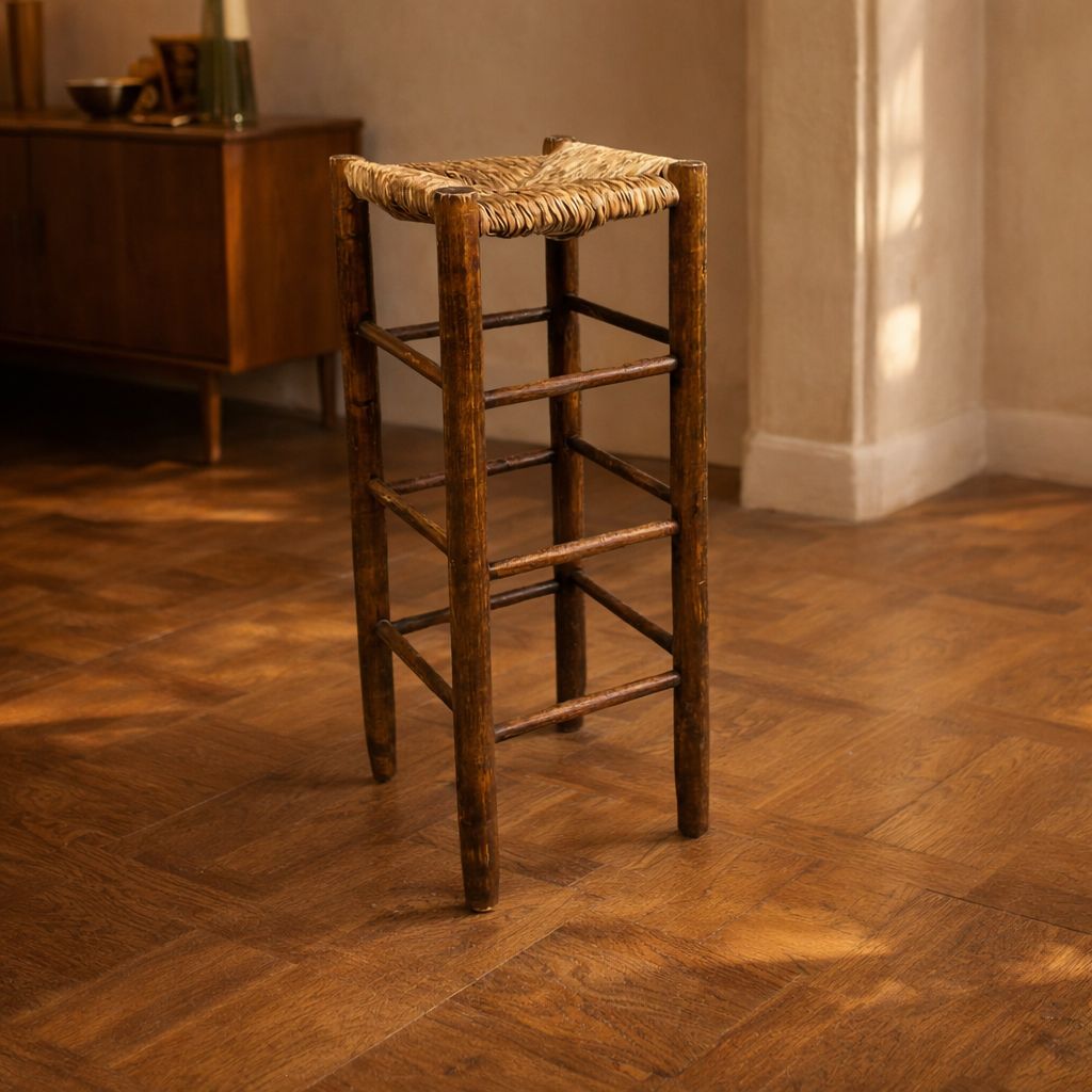 Bar Stool Rustic Style Solid Wood Rush Seat