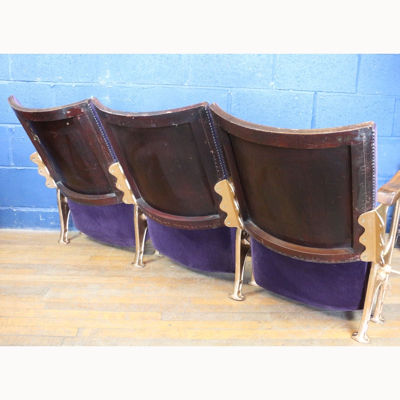 A Row Of Three Art Deco C1930s Cinema Theatre Seats Purple Velvet photo vintage
