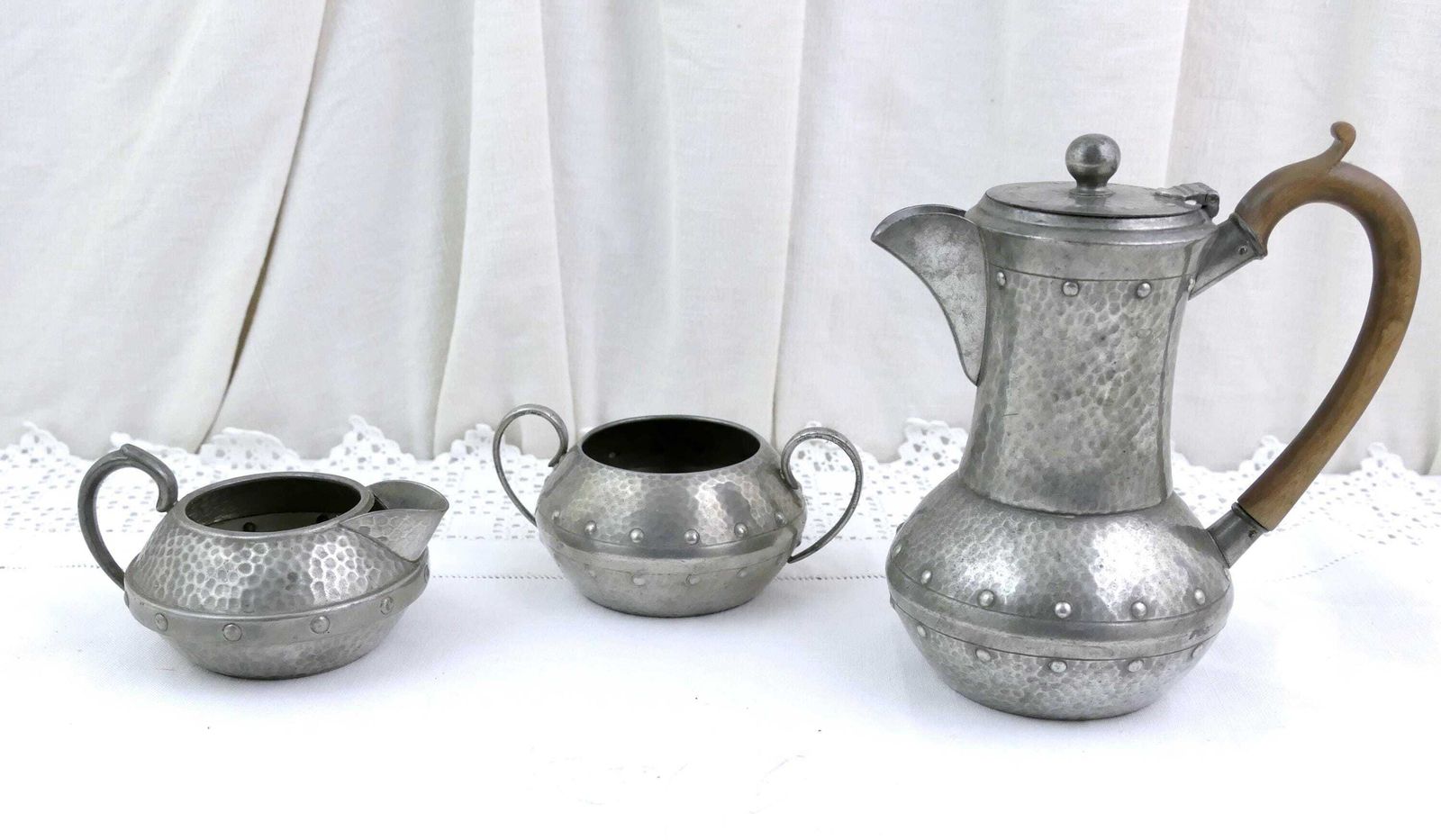 Antique English Hand Beaten Pewter Coffee Set With Pot Creamer And Sugar Bowl By W & Co, Arts And Crafts Style Victorian Tea Set England