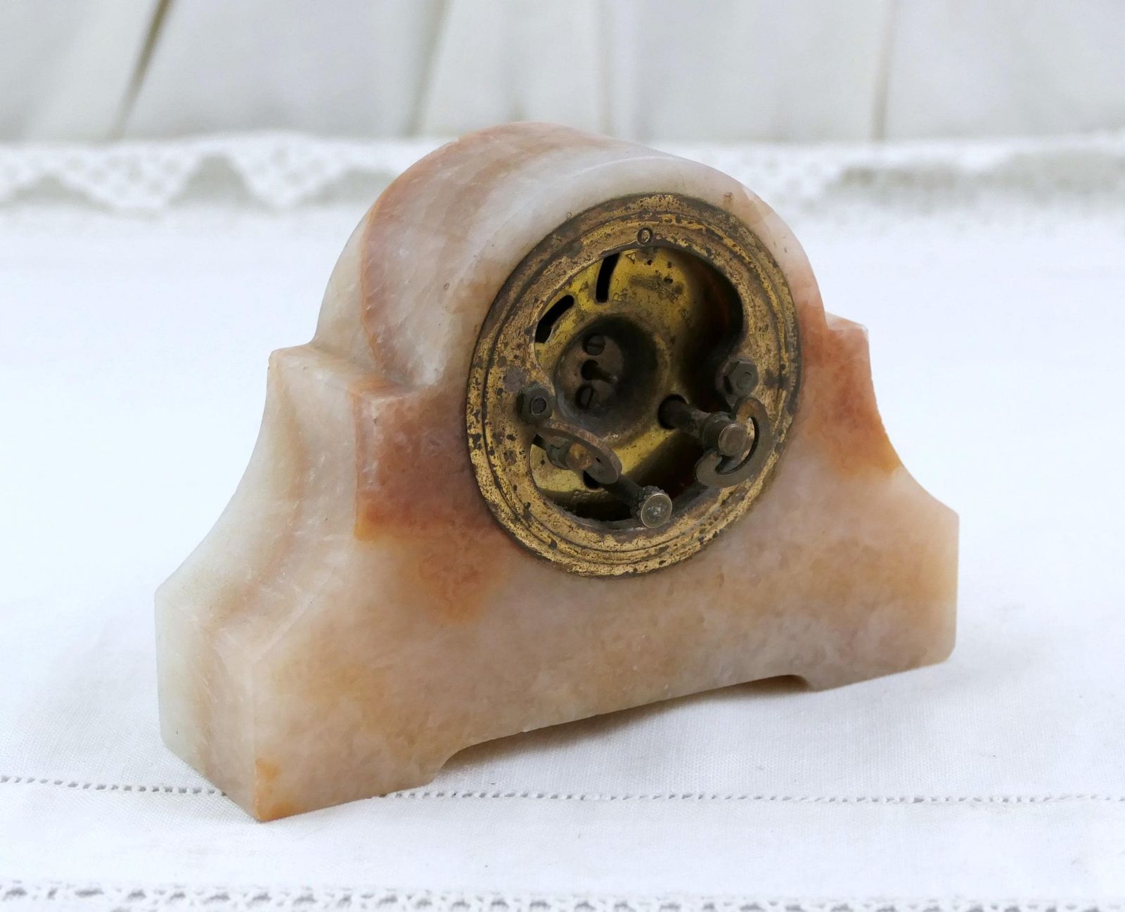 Small Antique Art Deco 1930s Peach Colored Veined Marble Stone Wind Up Mechanical Mantle Clock France In Need Of Repair, French Old Clock photo Home Decor