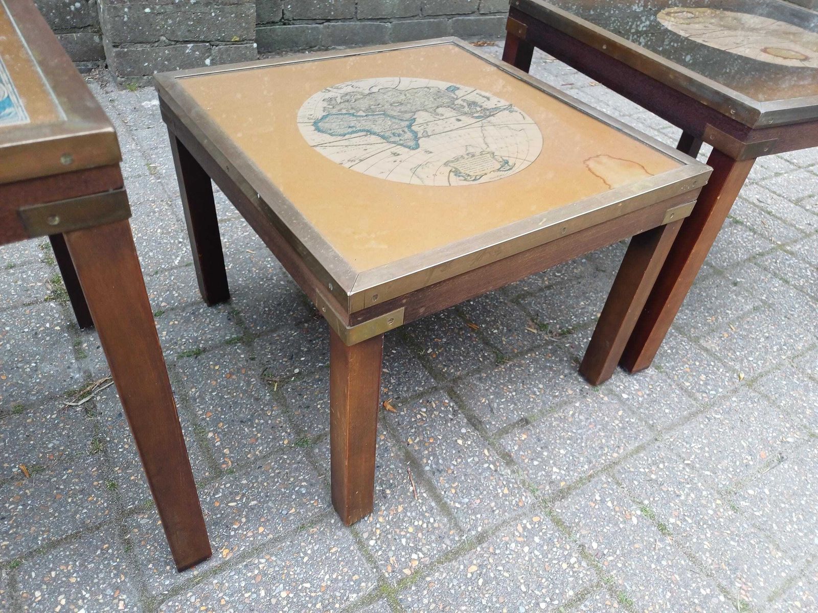 Vintage 1980s Teak Brass Glass Nest Of 3 Map Tables Coffee Side Tables World Map Mid Century Style Retro Furniture photo for sale