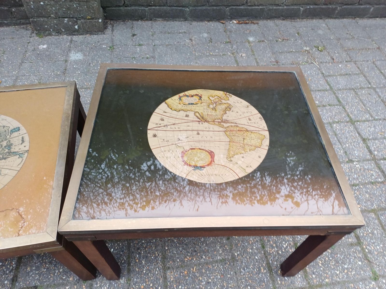 photo for sale Vintage 1980s Teak Brass Glass Nest Of 3 Map Tables Coffee Side Tables World Map Mid Century Style Retro Furniture