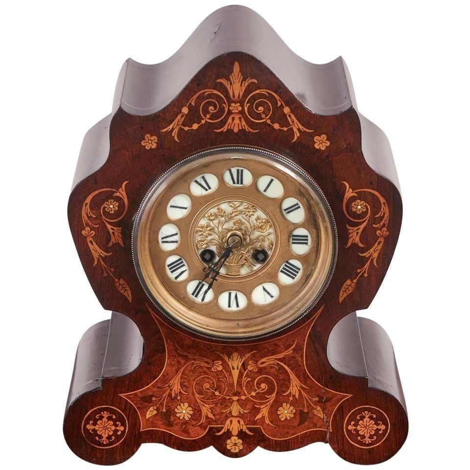 19th Century French Antique Rosewood Marquetry Inlaid 8 Day Mantel Clock