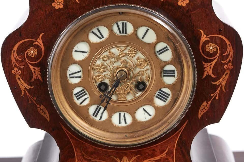 19th Century French Antique Rosewood Marquetry Inlaid 8 Day Mantel Clock photo furniture