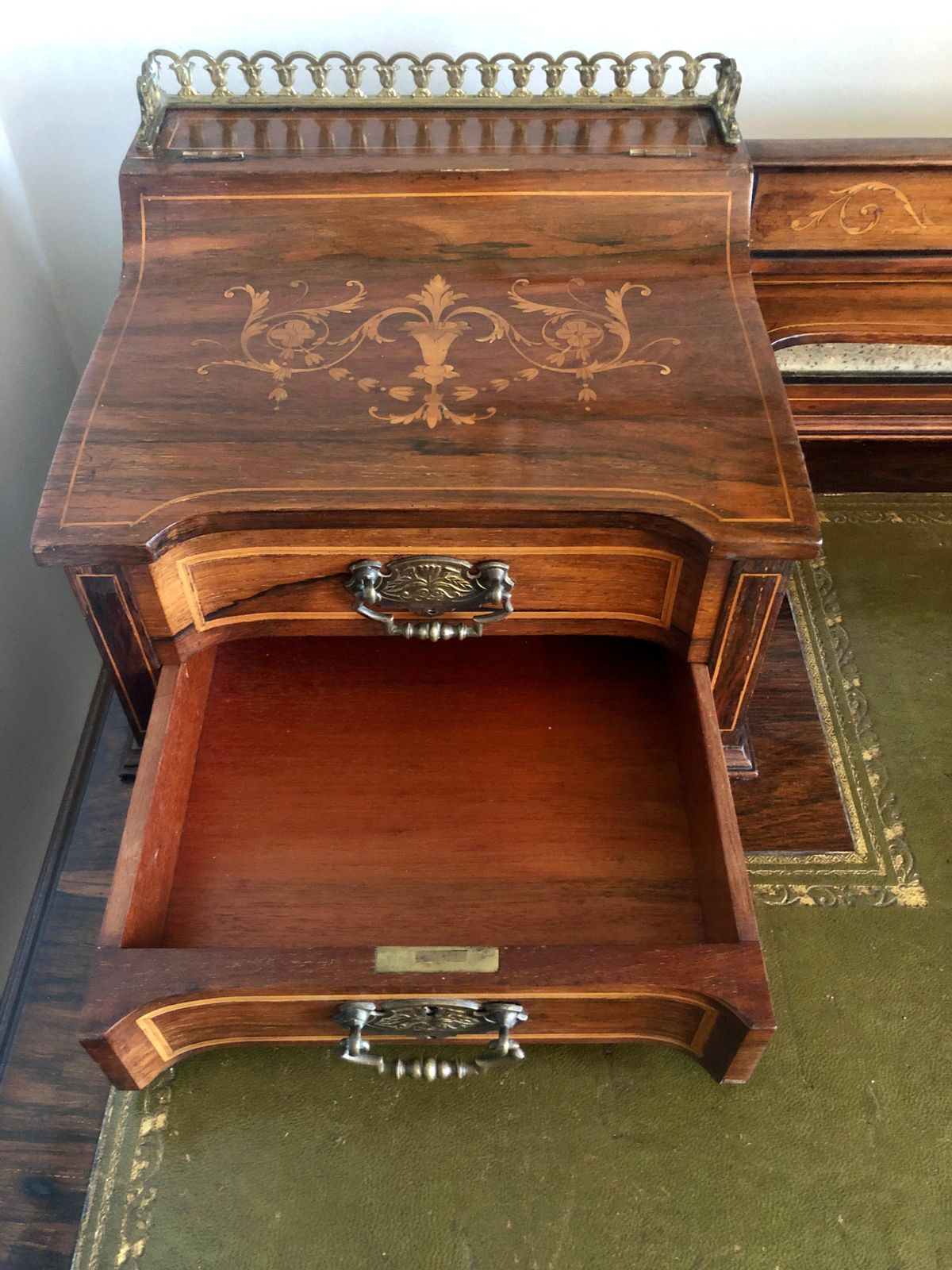 5450.0 Fine Quality Antique Victorian Freestanding Maple & Co. Inlaid Writing Desk photo