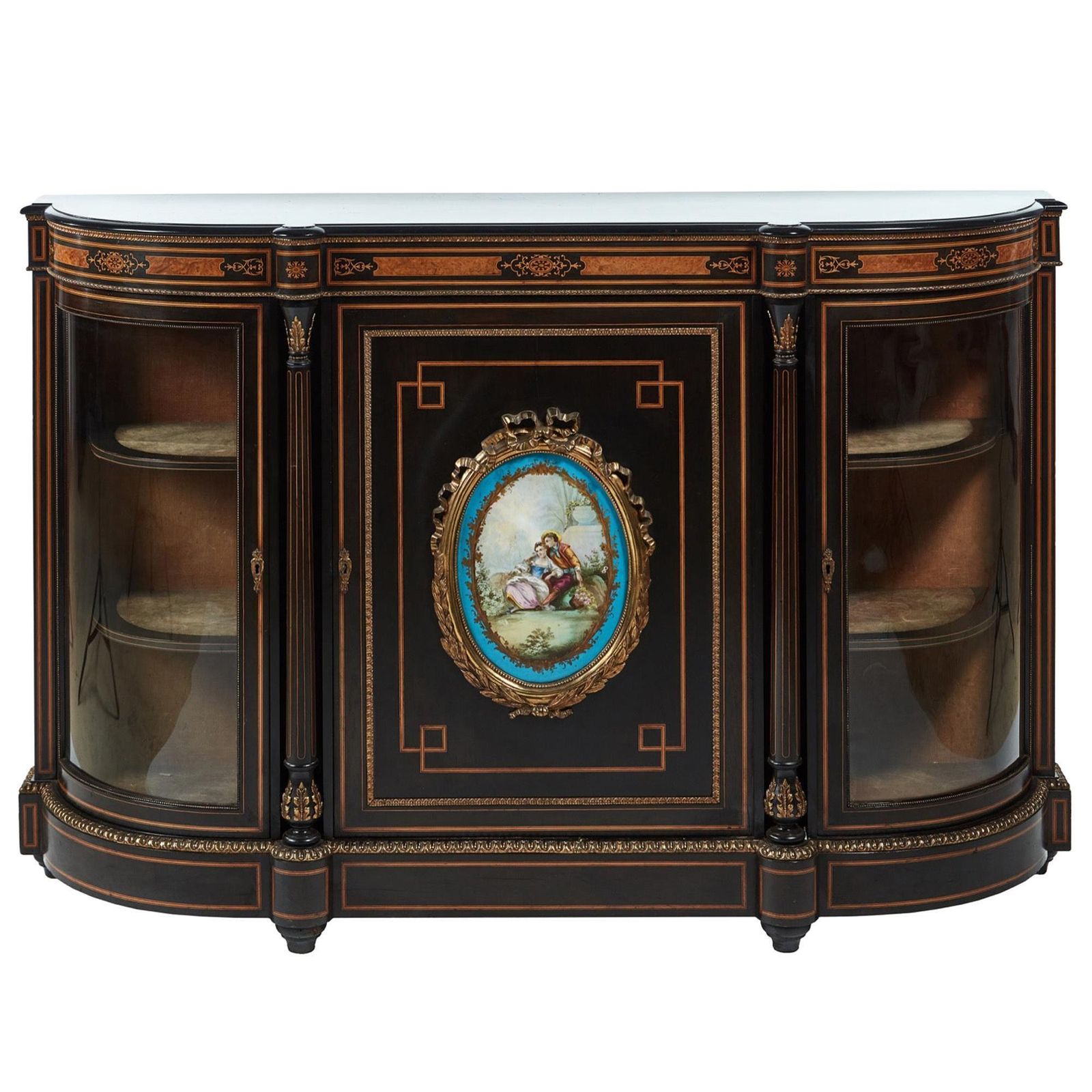 Fine French Antique Ebonised And Amboyna Credenza With Large Sevres Style Plaque