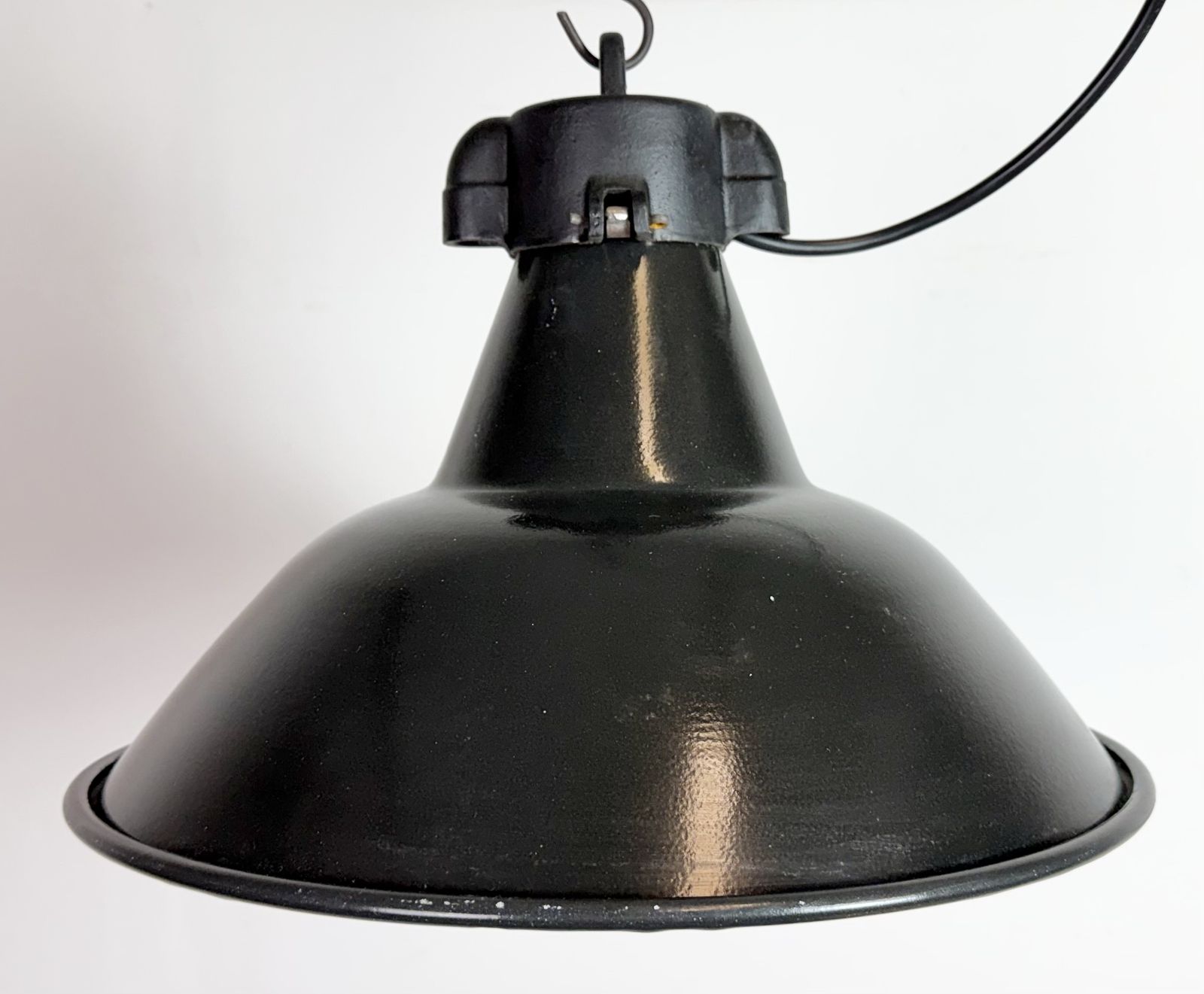 Industrial Black Enamel Factory Lamp With Cast Iron Top, 1950s, 99x photo for sale
