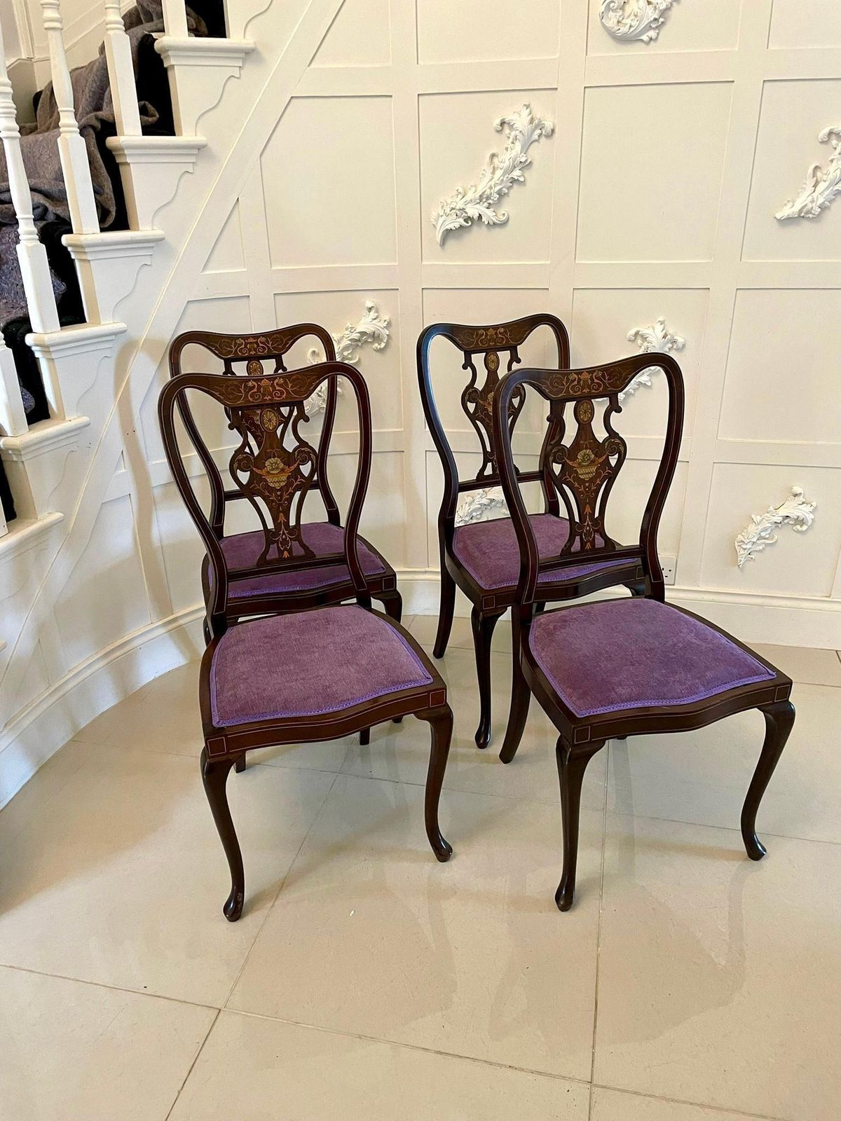Fine Quality Antique Victorian Set Of Four Marquetry Inlaid Chairs photo furniture