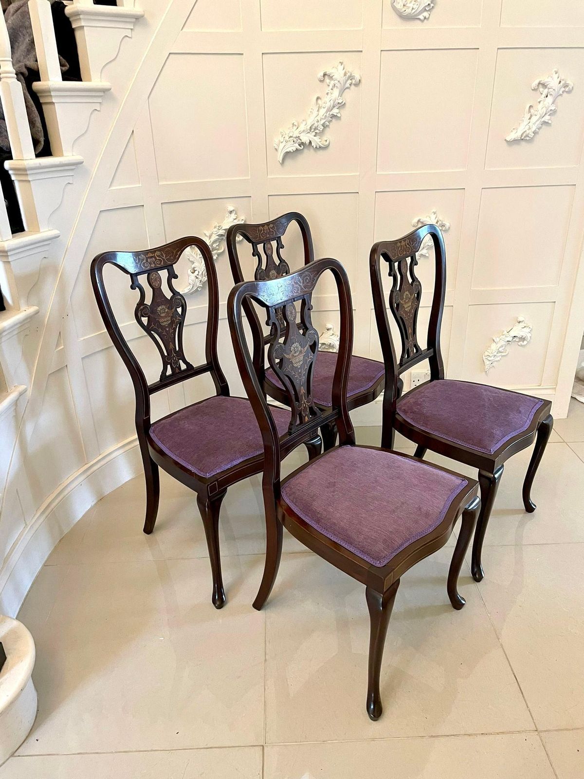 Fine Quality Antique Victorian Set Of Four Marquetry Inlaid Chairs photo for sale