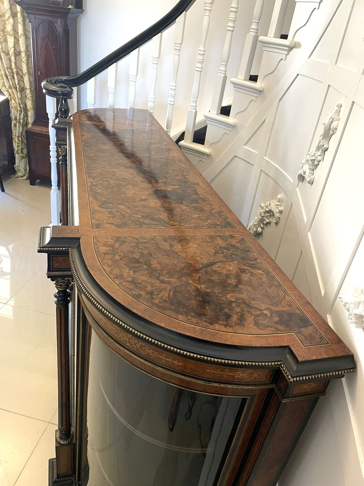 photo for sale Superb Quality Large Antique Burr Walnut And Amboyna Inlaid Credenza