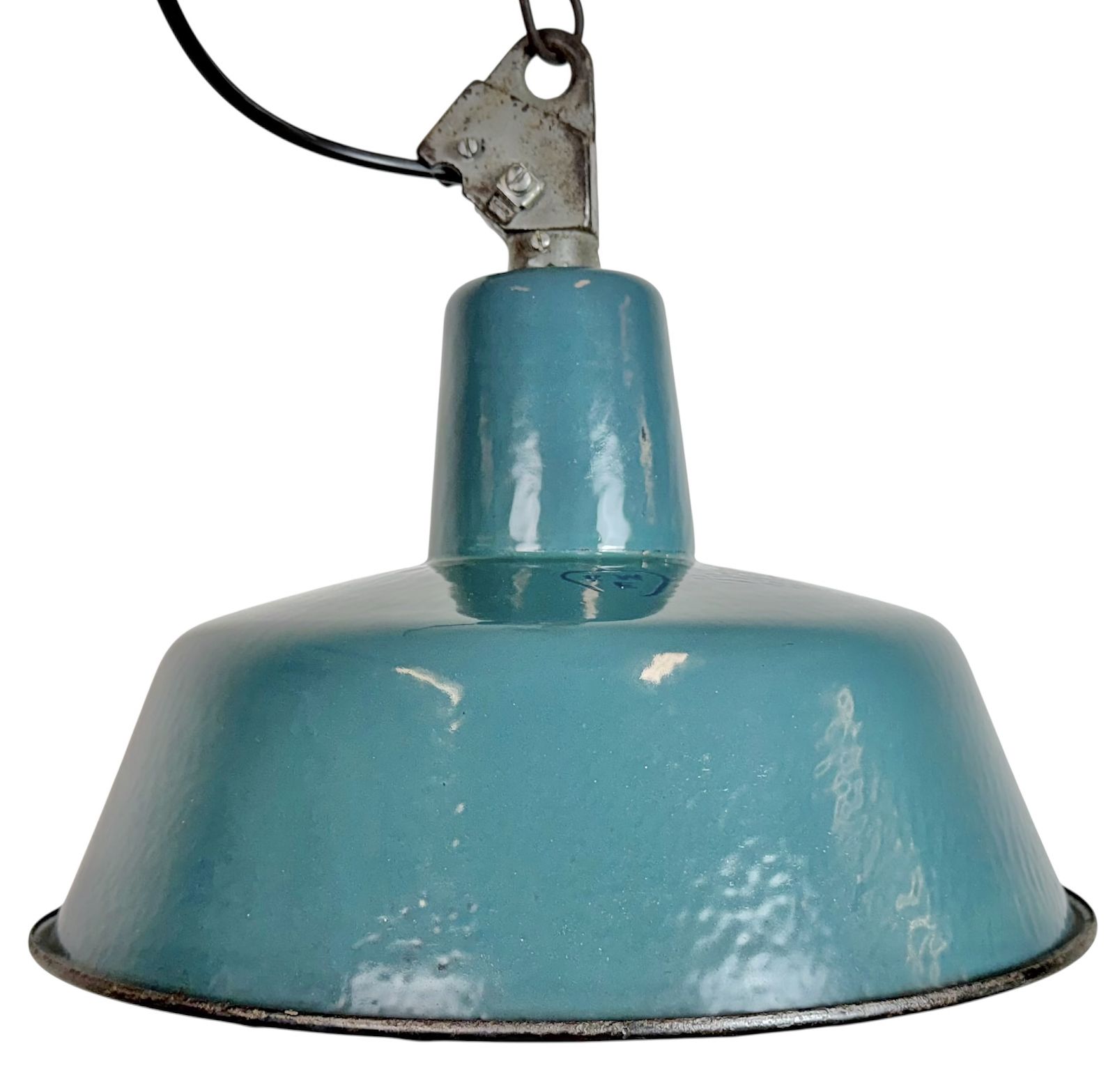 Industrial Petrol Enamel Factory Lamp With Cast Iron Top, 1960s, 10 X