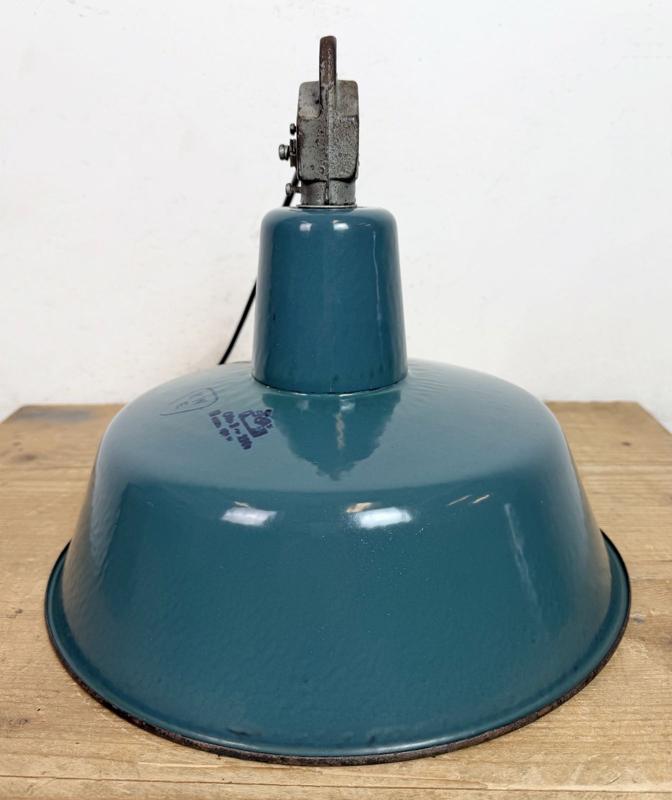 photo buy Industrial Petrol Enamel Factory Lamp With Cast Iron Top, 1960s, 10 X