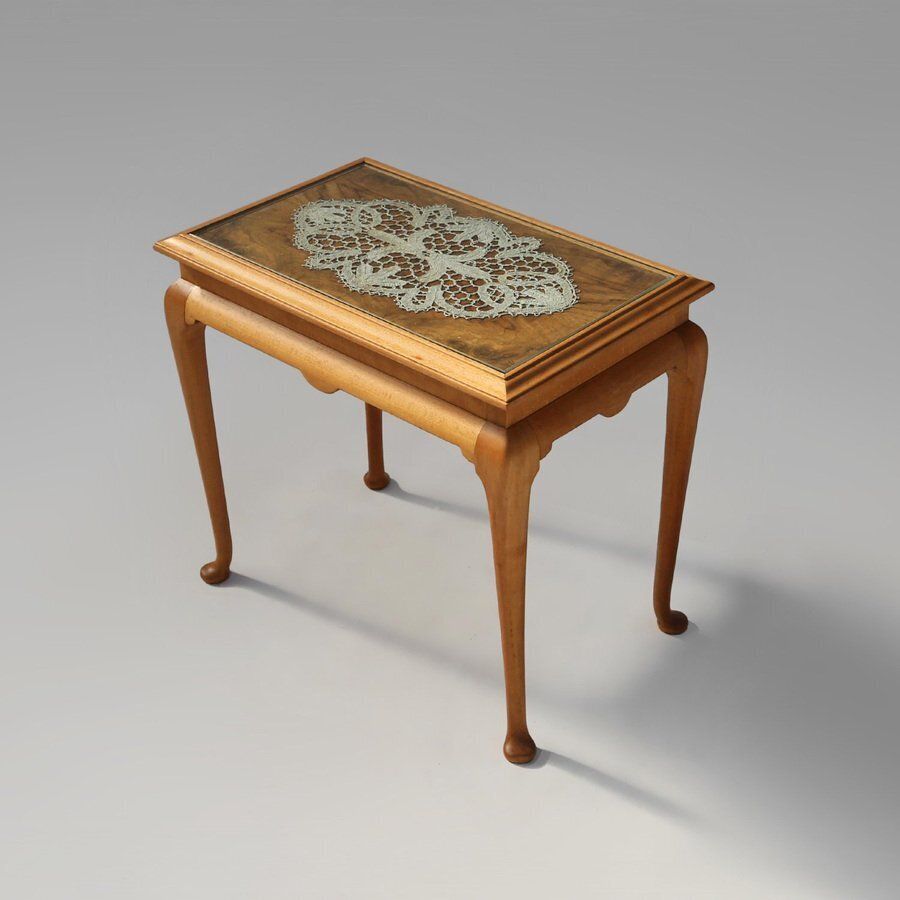 Side Table In Beech With Lace Inlay And Glass Top, France, 1950s