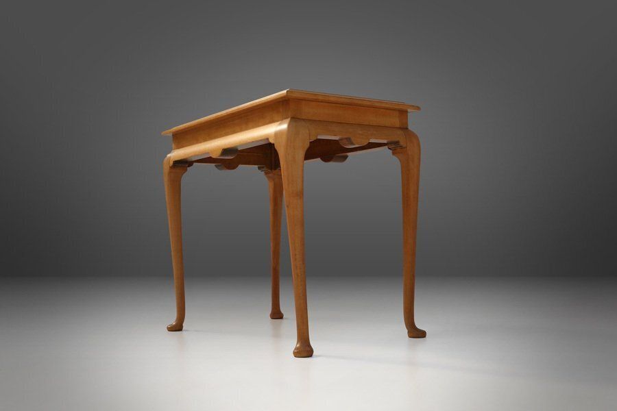 Side Table In Beech With Lace Inlay And Glass Top, France, 1950s photo vintage