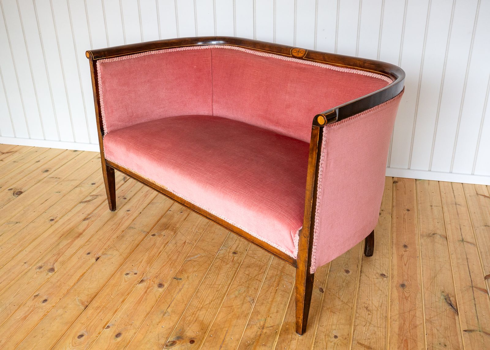 Edwardian Mahogany Settee Barrel Back Pink Inlaid Tub Antiqu.E Art Nouvea.U 1910 Two Seater Sofa photo 2300.0