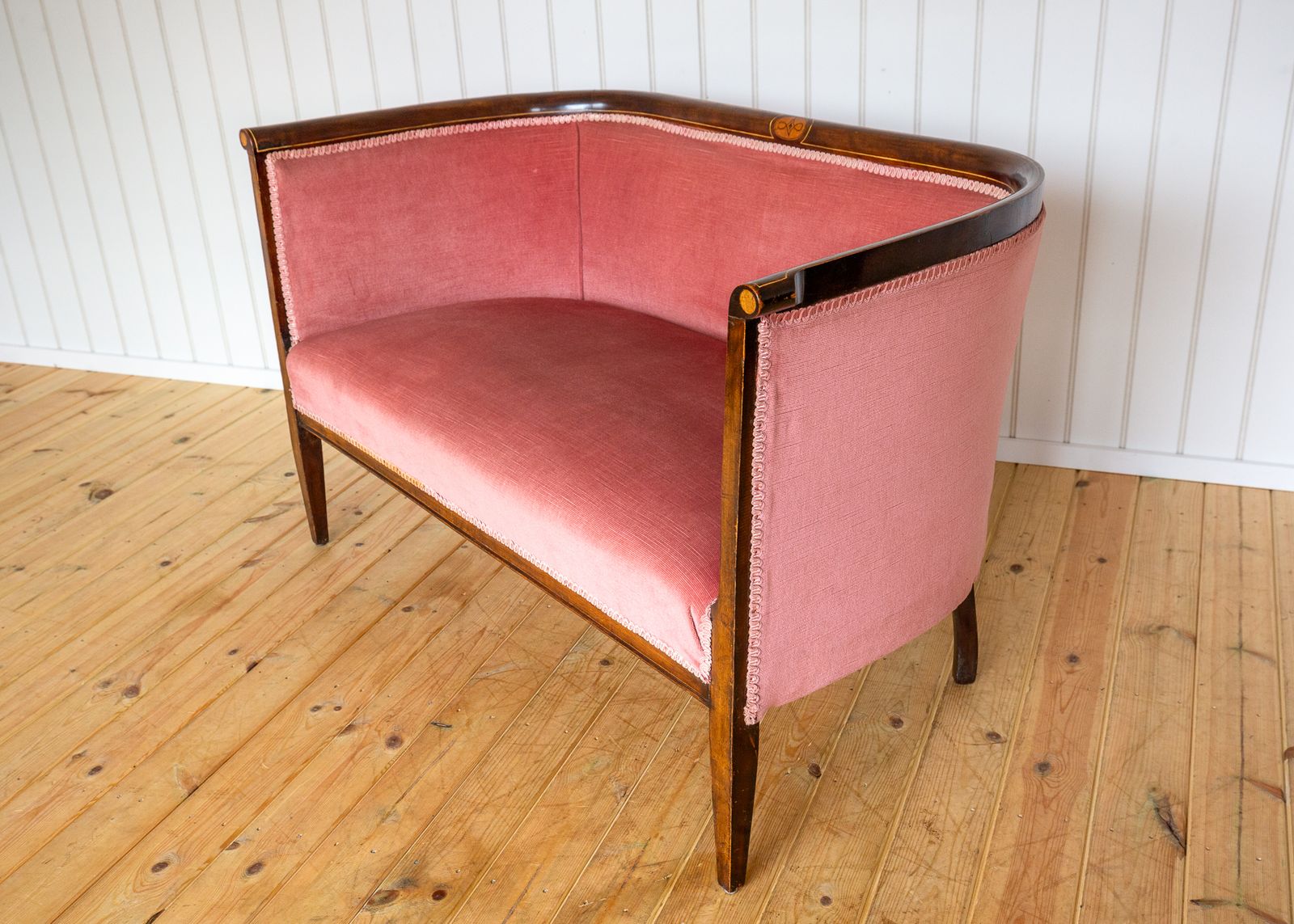 photo for sale Edwardian Mahogany Settee Barrel Back Pink Inlaid Tub Antiqu.E Art Nouvea.U 1910 Two Seater Sofa