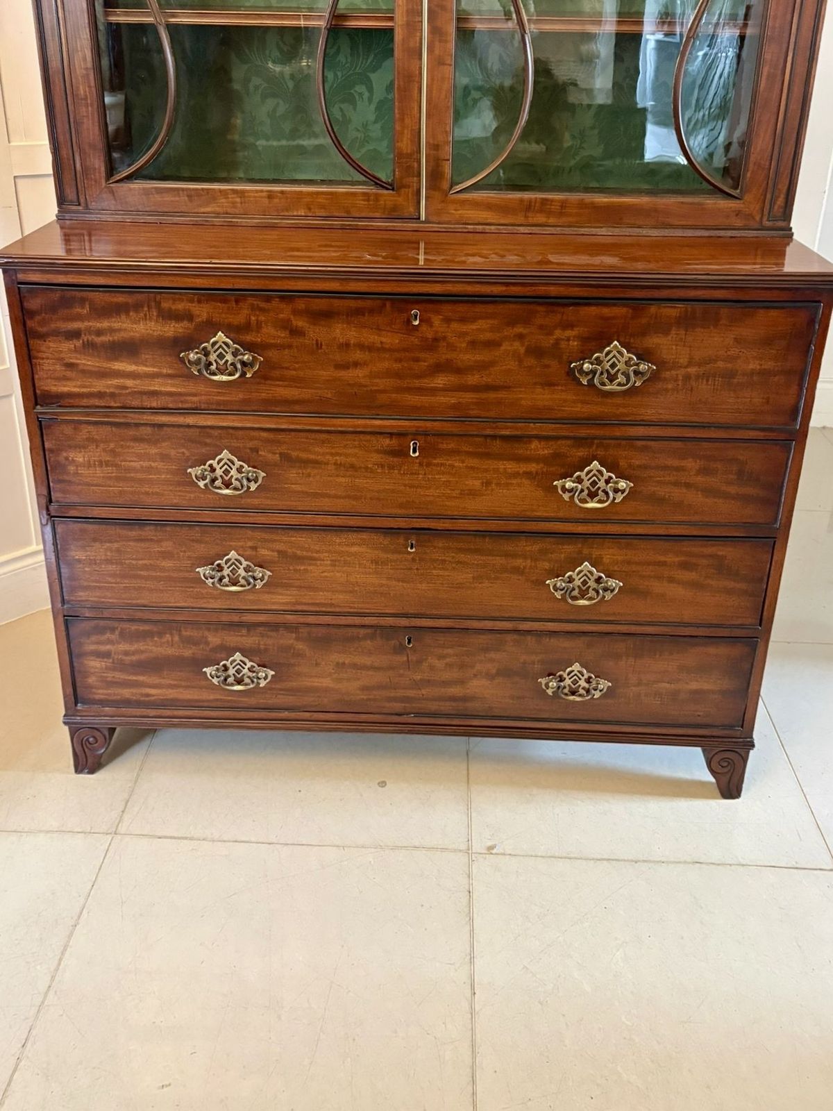 4495.0 Antique Regency Figured Mahogany Secretaire Bookcase With Glazed Doors And Fitted Interior photo