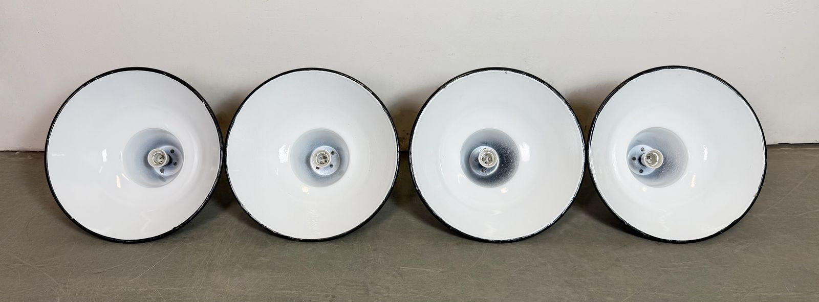 Set Of 4 Industrial Black Enamel Factory Lamps With Cast Iron Top, 1950s, 49x photo 399.0