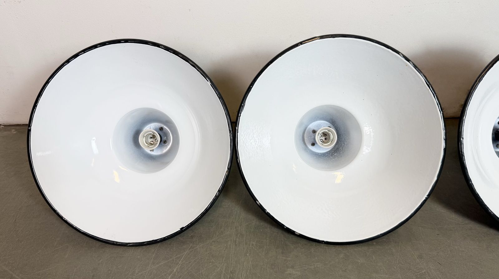 Set Of 4 Industrial Black Enamel Factory Lamps With Cast Iron Top, 1950s, 49x photo vinterior