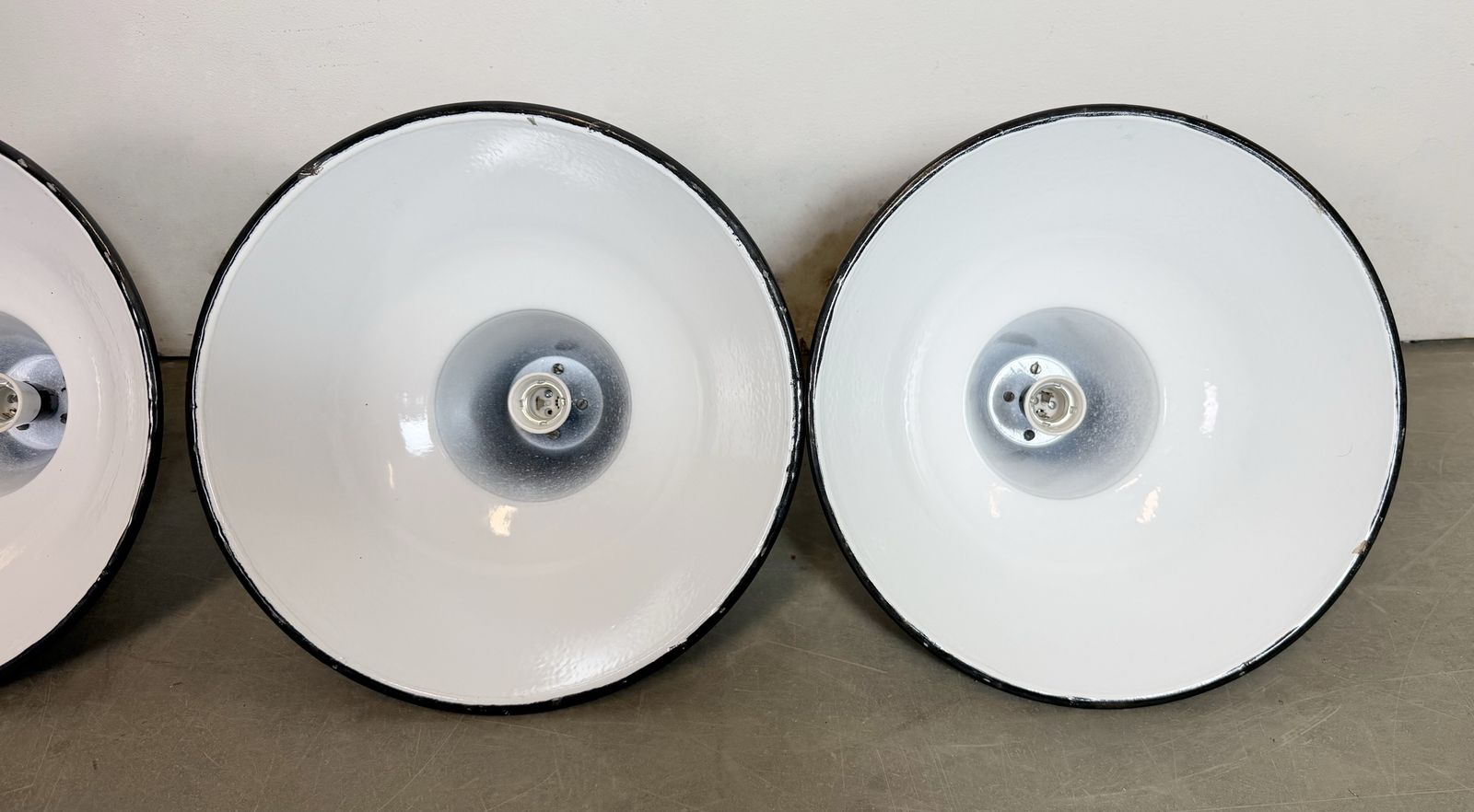 Set Of 4 Industrial Black Enamel Factory Lamps With Cast Iron Top, 1950s, 49x photo buy