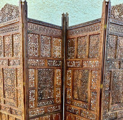 Carved Hardwood Four Panel Anglo Indian Folding Screen, 1890s
