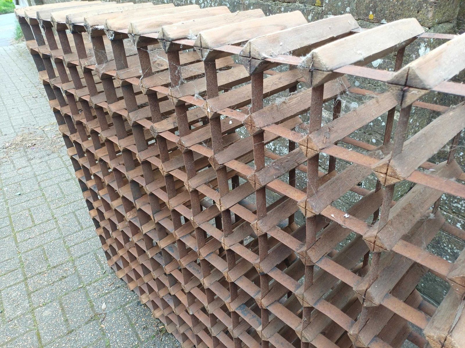 Massive Vintage 1950s Wooden Wine Rack Pine Steel Bottle Storage Rustic Cellar Rack Large Modular Wine Holder Free Hand Delivery photo for sale