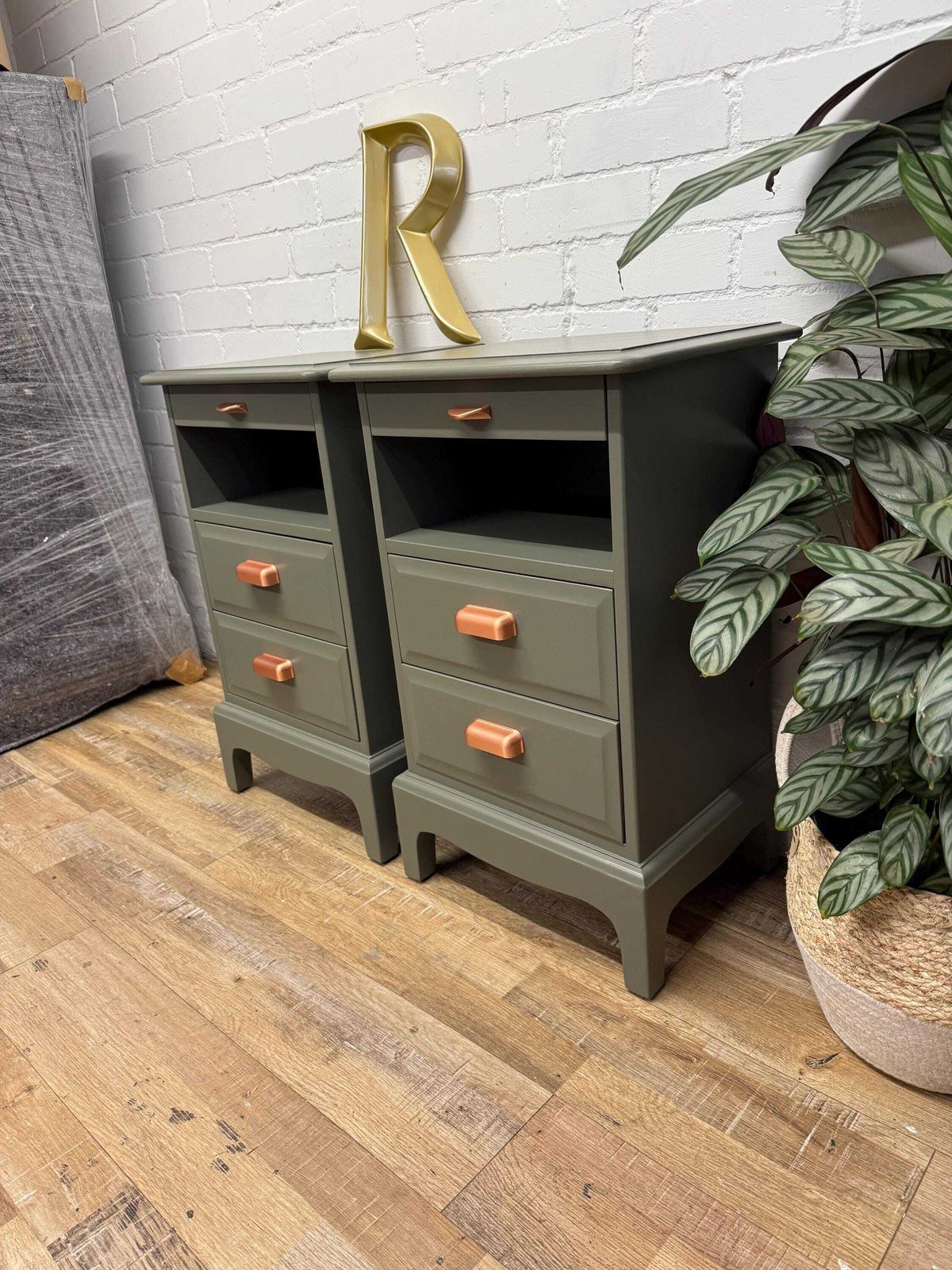 Stag Minstrel Bedside Tables Pair Painted Hornblende Green With Copper Handles | Tall Narrow Nightstands photo 750.0