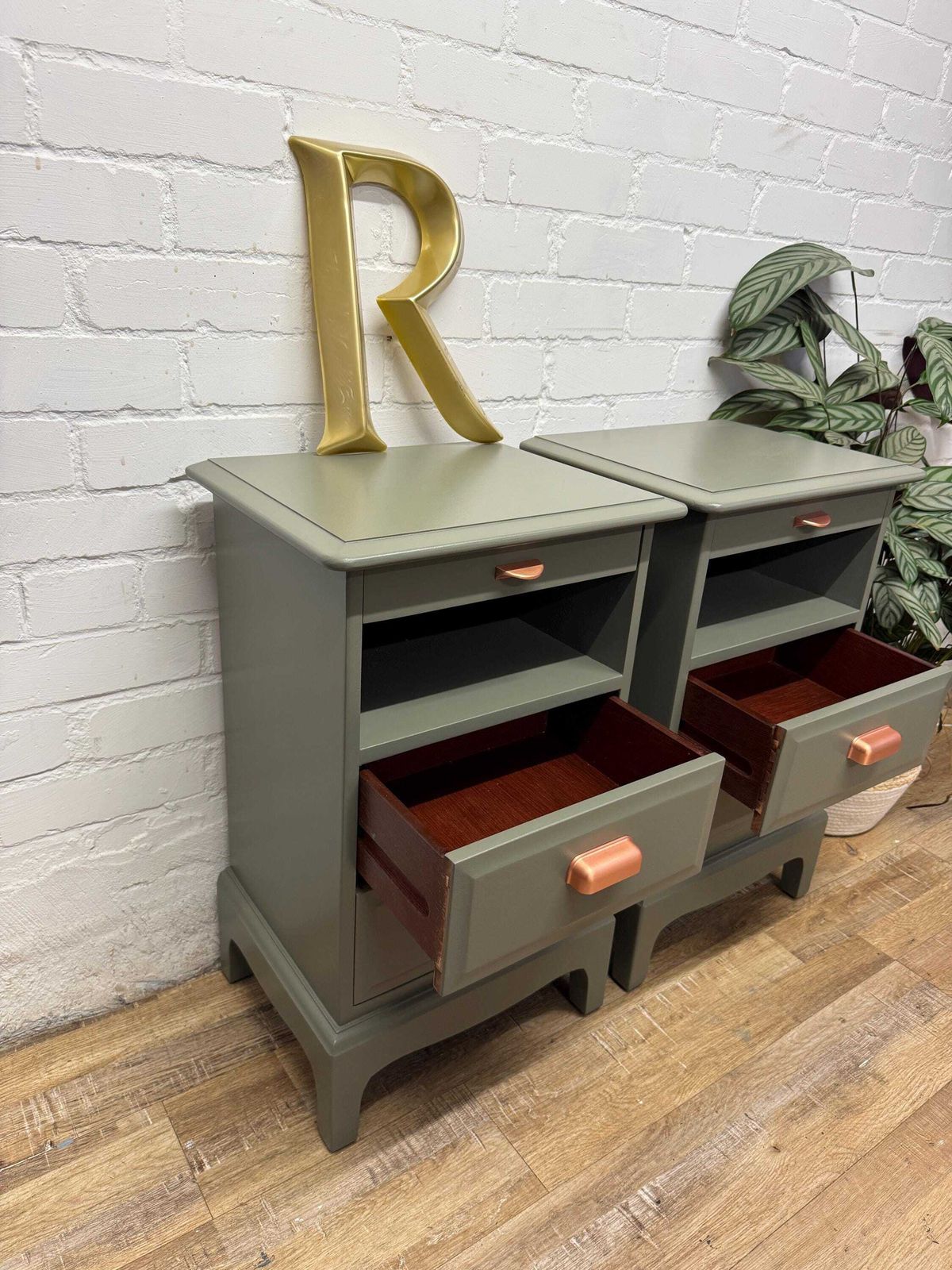 photo buy Stag Minstrel Bedside Tables Pair Painted Hornblende Green With Copper Handles | Tall Narrow Nightstands