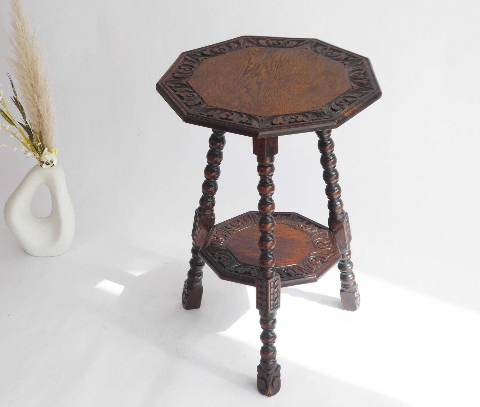 Antique Wooden Table Bobbin Legs, Tripod Side Table With Floral Carvings And Twisted Legs, Plant Stand, Farmhouse Decor