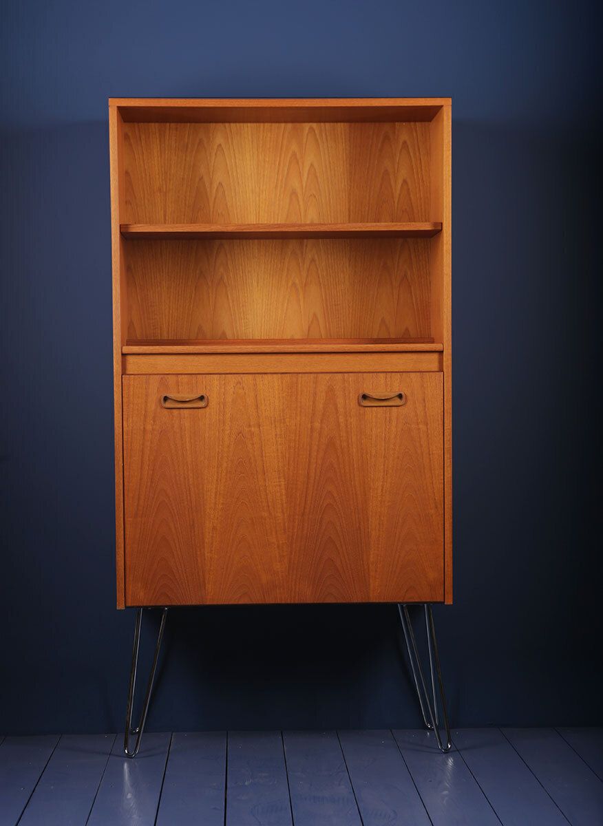 G Plan Fresco Mid Century Tall  Drinks Display Cabinet On Hairpin Or Tapered Teal Feet Legs 1970s photo furniture