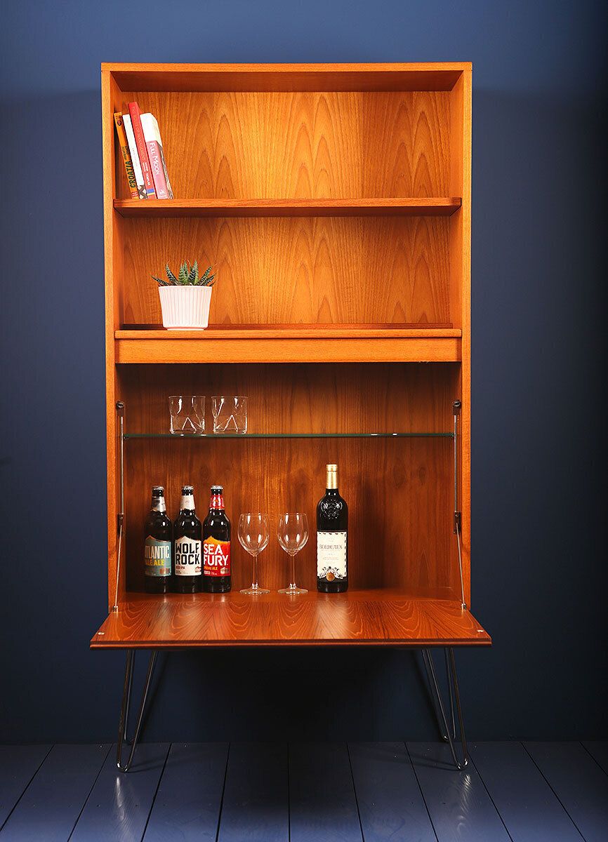 G Plan Fresco Mid Century Tall  Drinks Display Cabinet On Hairpin Or Tapered Teal Feet Legs 1970s photo 285.0