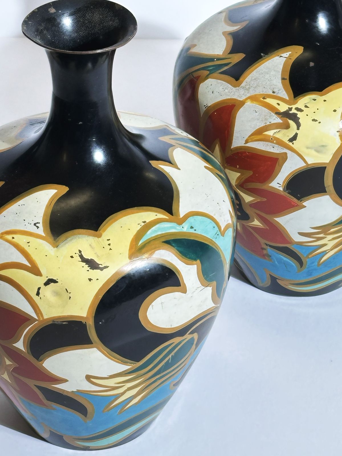 Pair Of Dutch Art Deco Enamelled Brass Vases By Metawa In Gouda Style, 1920s photo furniture