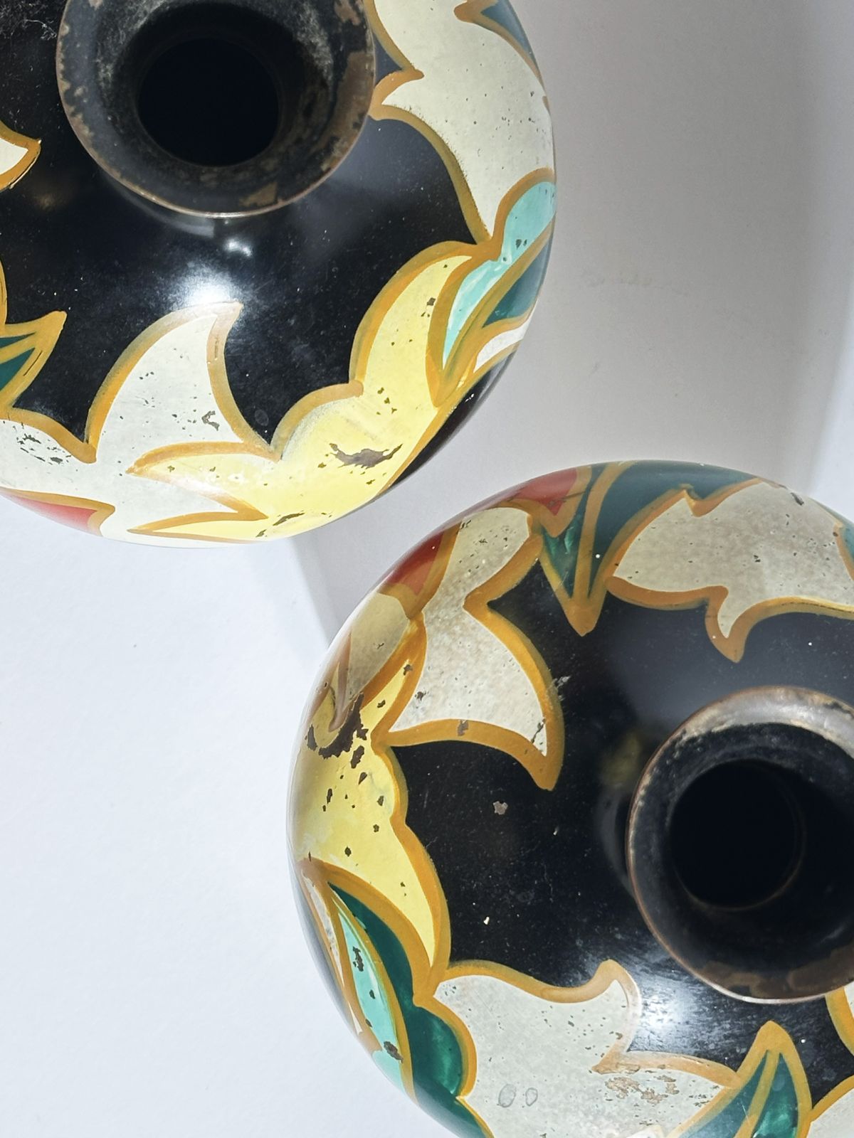 Pair Of Dutch Art Deco Enamelled Brass Vases By Metawa In Gouda Style, 1920s photo Home Decor