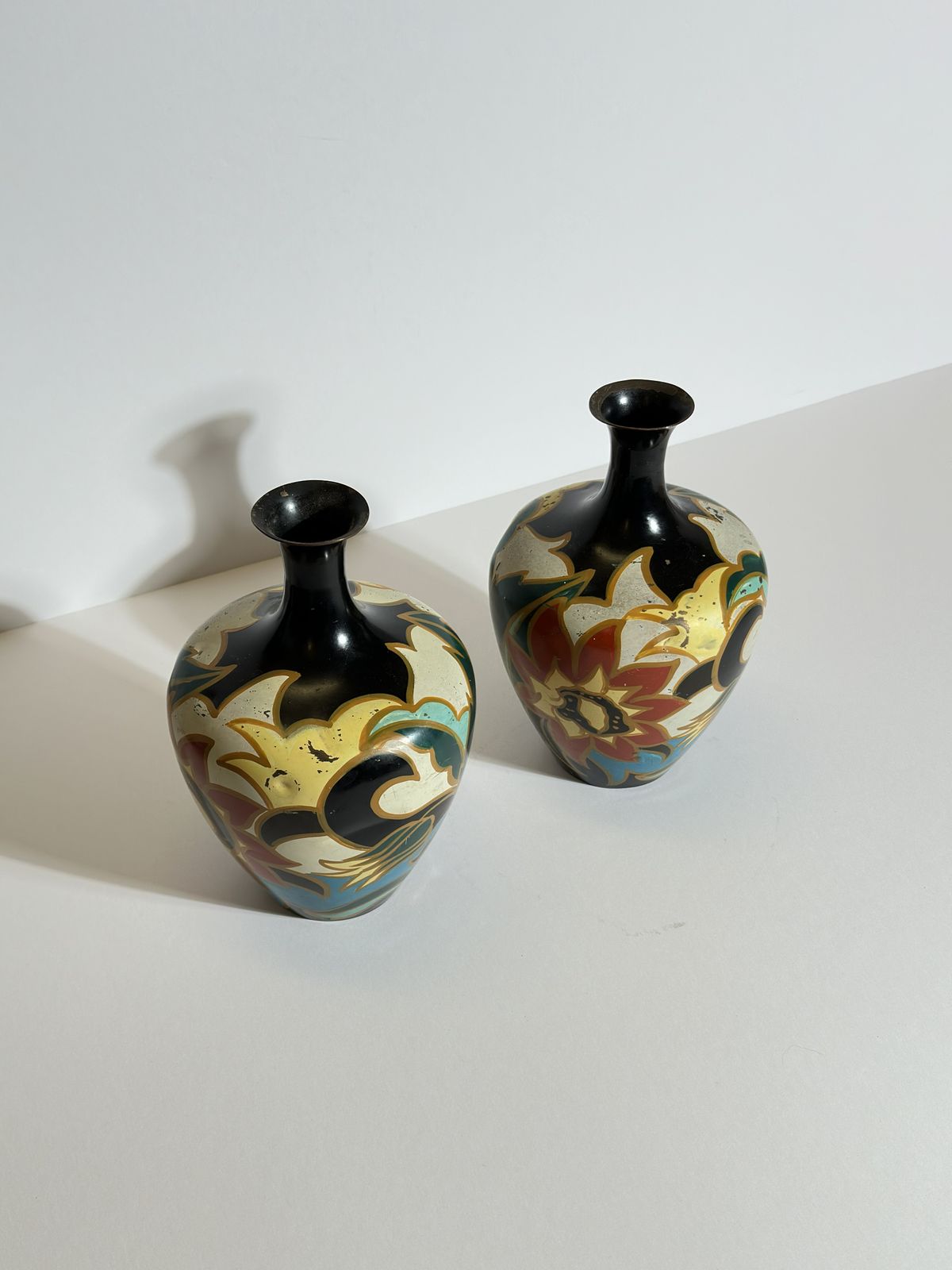 Pair Of Dutch Art Deco Enamelled Brass Vases By Metawa In Gouda Style, 1920s photo 400.0