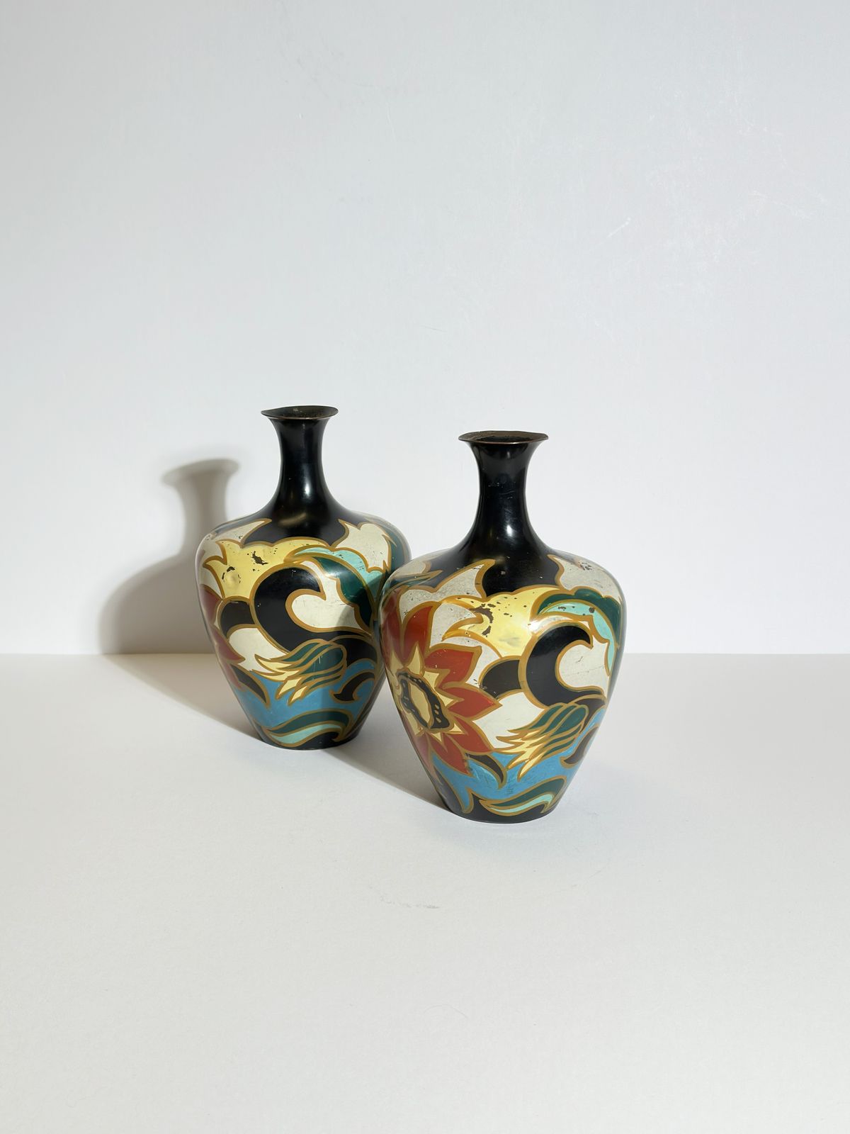 Pair Of Dutch Art Deco Enamelled Brass Vases By Metawa In Gouda Style, 1920s photo buy