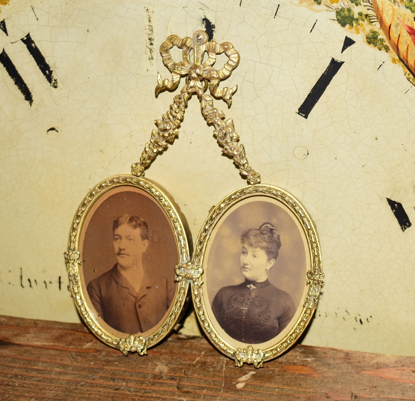 310.0 Antique French Brass Double Marriage Portrait Frame By Albert Bouchet, C. 1885 photo