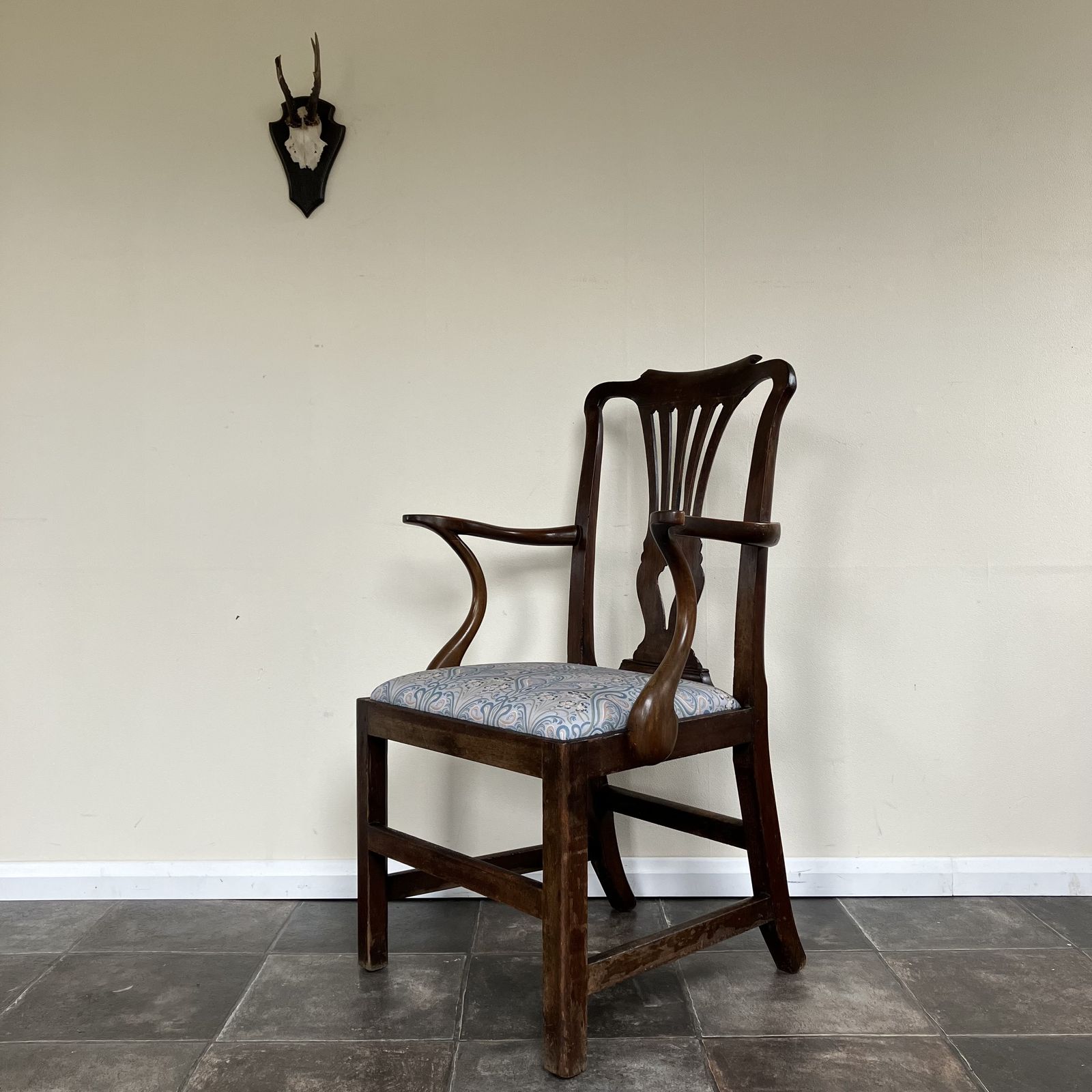 Georgian Carver Chair, Chippendale Style, Pierced Splat Back, Upholstered Seat photo for sale