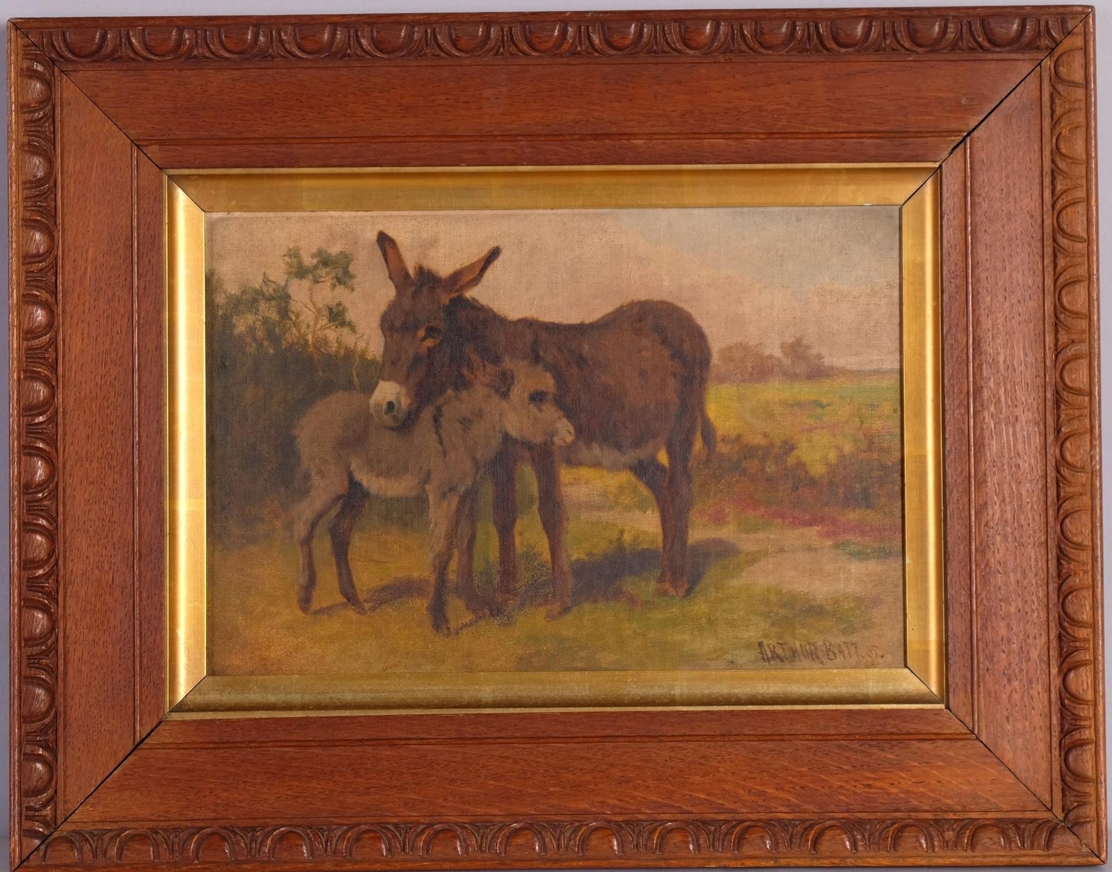 Oil Painting Of Donkey And Foal, Signed By Arthur Batt, 1908