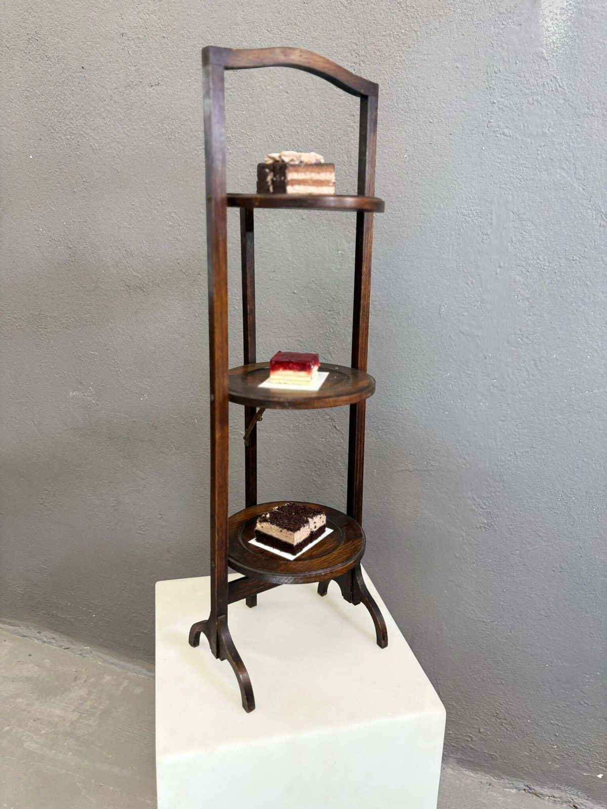 Vintage 3 Tier Cake Stand Dark Wood Serving Stand 1920s Europe photo vintage