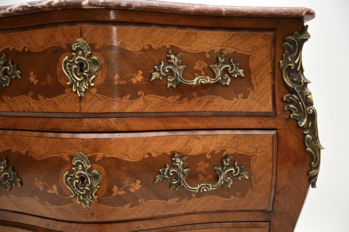 Antique French Inlaid Marquetry Marble Top Bombe Commode photo vinterior