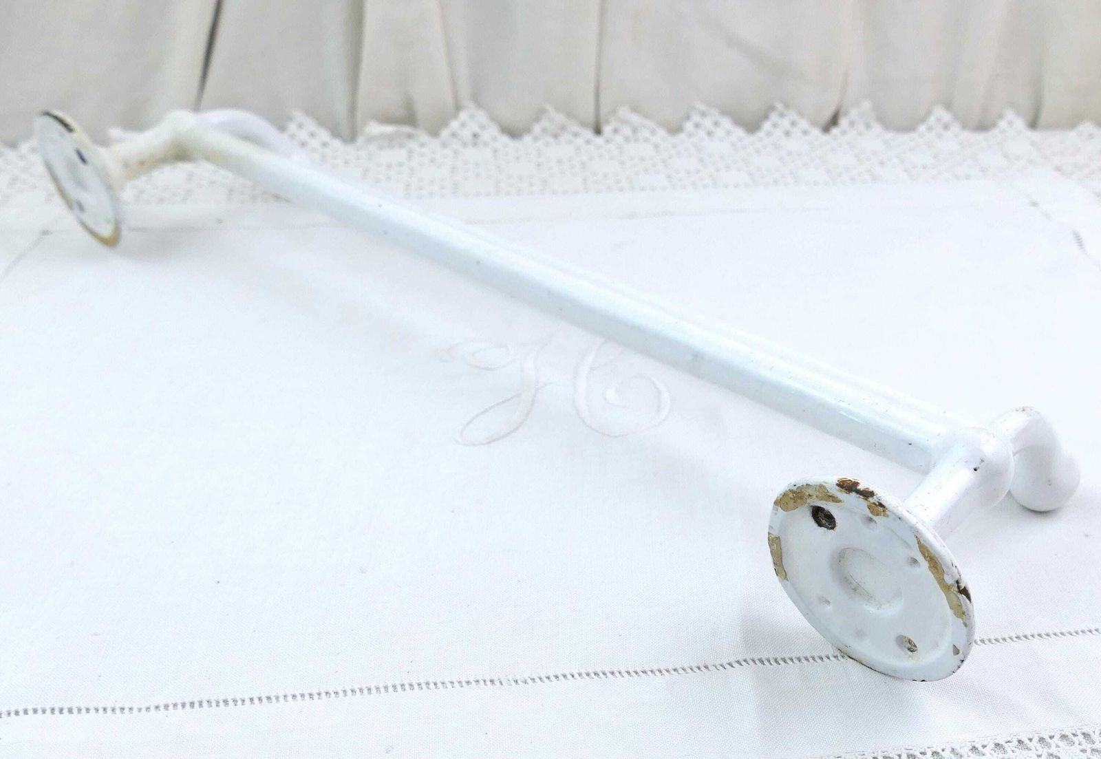 Large Antique Double French Vintage White Porcelain Enameled Bathroom Towel Rack, Retro Shabby Chateau Chic Bathroom Accessory From France photo for sale